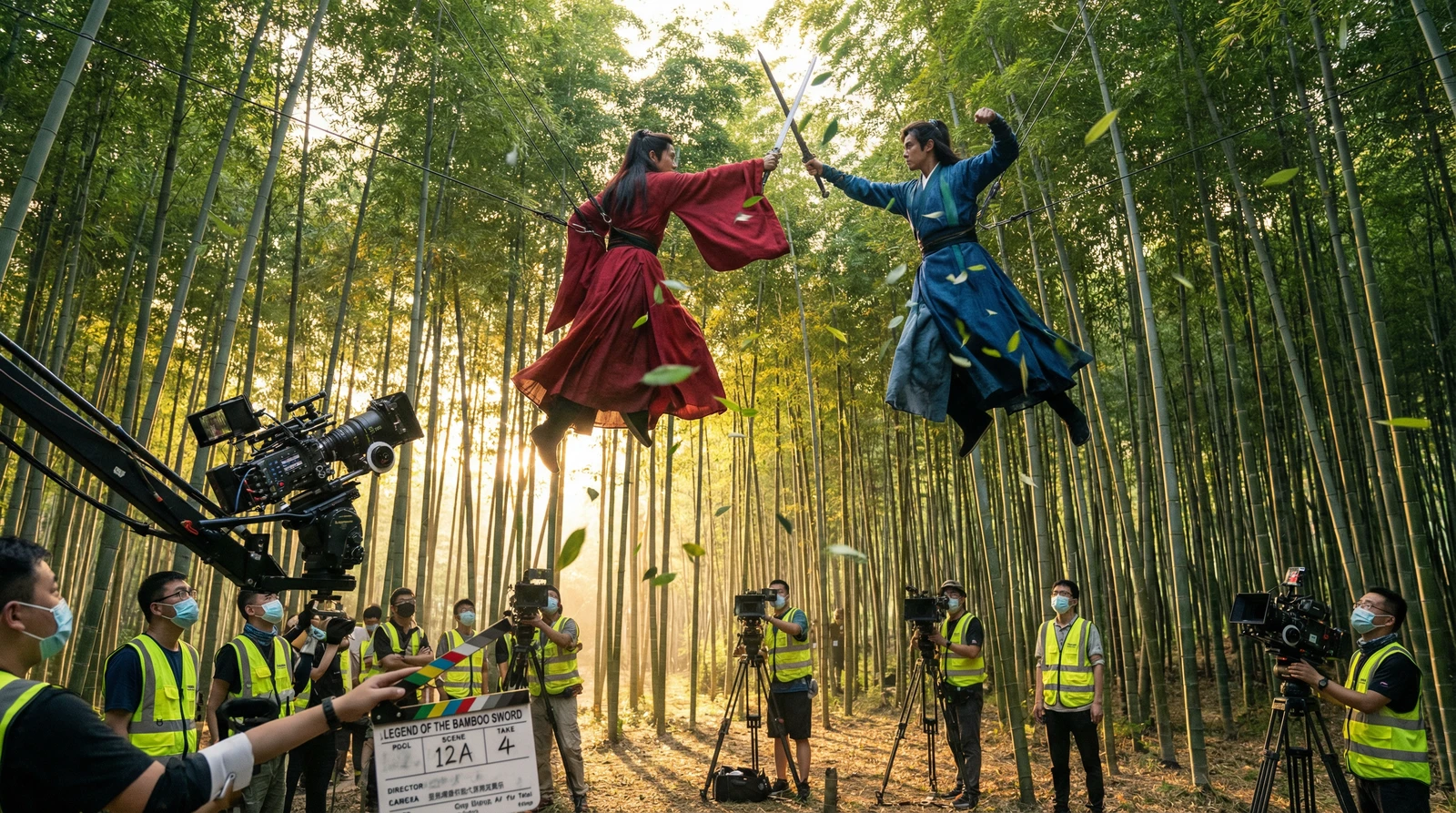 四虎武侠动作片竹林对决拍摄现场